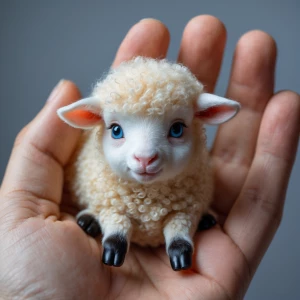 Create an image of a diminutive sheep, the size of a walnut, nes...