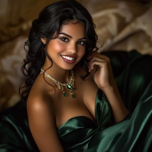 A captivatingly beautiful woman with light, flawless skin, radia...