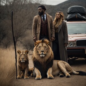 Create an image of a regal male lion alongside his mate, a lione...
