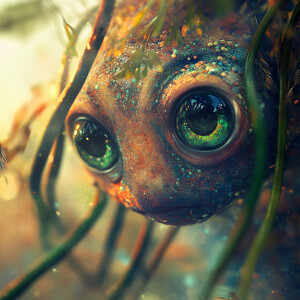 sea creature, long tentacles, sad eyes, green-blue eyes, seaweed...