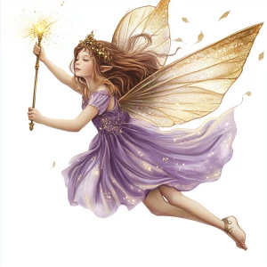 A young fairy flying with a golden wand in her hand. Her clothin...