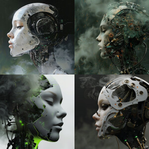 Robotic portrait of woman 19 year old. Perfil. Metalic shape and...