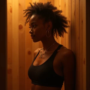 A fit black girl in the sauna after her exercises.