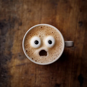 Photo of a coffee cup with eyes and mouth made of foam, looking...
