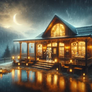 Create an image of a cozy, rustic wooden café during a tranquil...