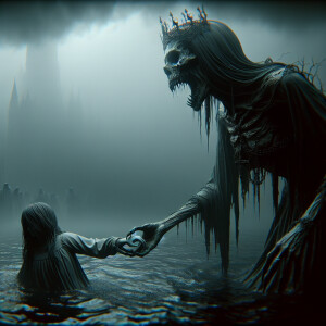A scary Mermaid pulls a girl by the hand into the lake