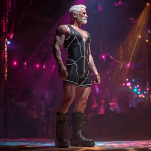 Create an image of a muscular man with short faded gray hair and...