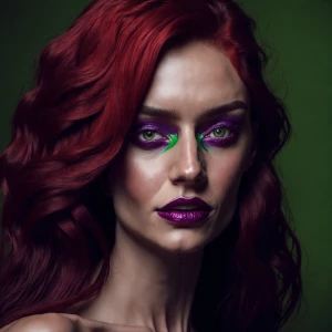 Create an image of a beautiful woman who has vibrant red hair, l...