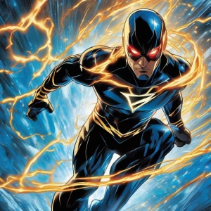 Portray Zoom as a menacing figure emerging from a vortex of swir...