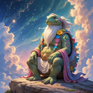 An enchanting, wise turtle sage, anthropomorphic in form, seated...