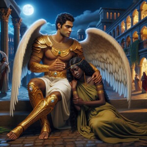 Create an oil painting image featuring a male angel and a grievi...