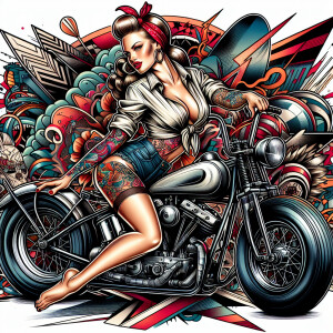 Pin up girl on an old motorcycle in an new school street art tat...