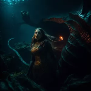 An evil mermaid with sharp teeth, malevolent glowing eyes, and d...