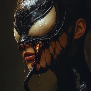 A symbiote woman's face transforming into a spider-man's snout.