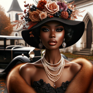 Create an image of a sophisticated woman with dark skin, wearing...