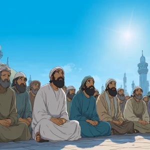 A group of early Muslims in Madinah, dressed in simple 7th-centu...