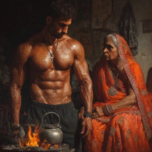 Hyperrealism,sharp painting.a beefy muscular sweaty criminal man...