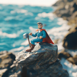 Create a 3d vibrant scene featuring a heroic figure resembling a...