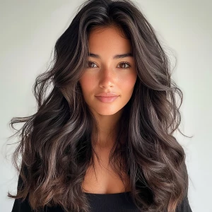 a woman, look to the camera, close up photo, Long Wavy Hair Hair...