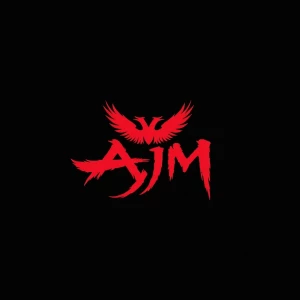 Design a logo featuring the initials "AJM" in a red brushstroke...