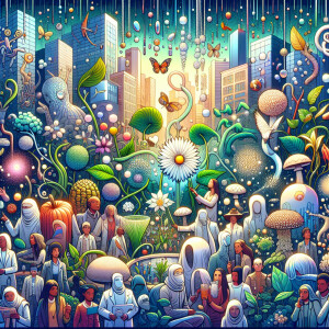 Craft an image of urban nature, where plants, animals, and human...