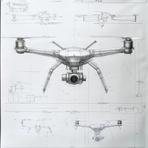 A detailed specification sheet for drone with callouts and dimensions, highly technical