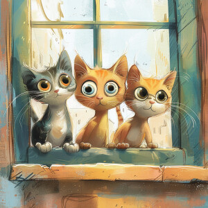 A cartoon of three mischievous cats sitting on a ledge, looking...