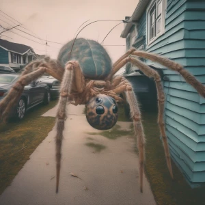 A high-angle surreal CCTV camera scene of a large spider creatur...