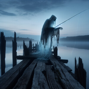 A weathered, spectral figure in frayed fishermen's attire appear...