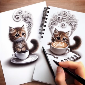 design a suoer cute image of a cat that drinks coffee and is hol...