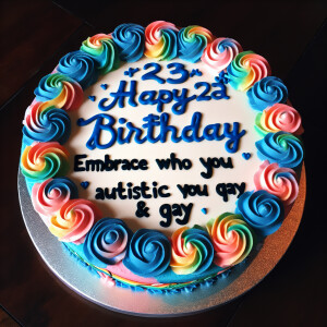 A birthday cake that says happy 23rd birthday autistic gay boy
