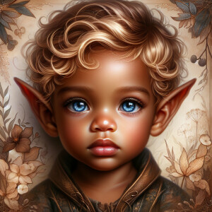 An elven baby with dark brown skin, blue eyes, and blonde hair.