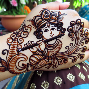 A mehendi design on hand with animated krishna ji