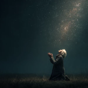 Create an image of an elderly woman kneeling under a starlit sky...