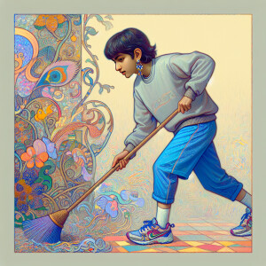 Young lady with mid length hair, dangling earrings, blue shorts,...