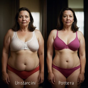 Depiction an image of the same woman in a bra and underwear stan...
