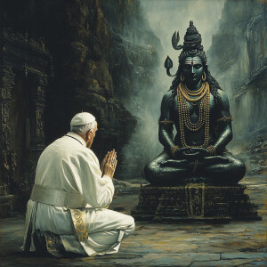 A Pope on his knees worshipping at a statue of Shiva
