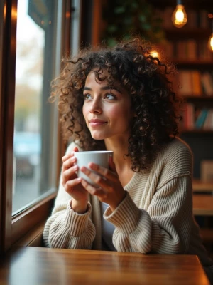 A young woman with curly hair sitting by a window in a cozy coff...