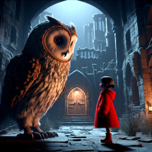 A giant owl staring down at a tiny girl in a red coat, 3d Pixar-...