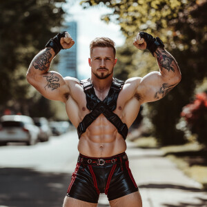 In this image, a muscular man is posing on an outdoor street, fl...