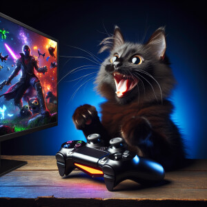 A joyful black cat engaging in playing a video game, displaying...