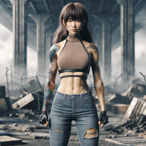 Thin Asian teen girl wearing tight jeans and a halter top Long brown hair and bangs, tattoos on her arms, athletic heroic pose