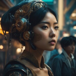 create an anime character of couple from vintage steampunk era