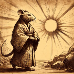 Master splinter in his kimono walking into the sunset