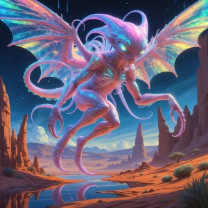 A vividly shimmering and ethereal alien creature with iridescent...