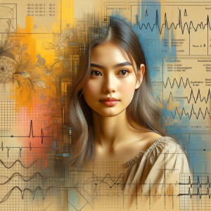 Abstract, minimalist, painting, with pencil line, paint stroke, gestures, colorful marks, mathematical equations, electrical cardiogram, printouts complex math formulas, dna asian teen girl