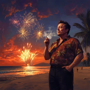 Elon Musk..Standing on the beach in beach clothes smoking cigare...