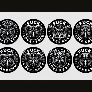 Create 10 
Circular logos for 'FUCK LOVE KREW' with  black, inti...