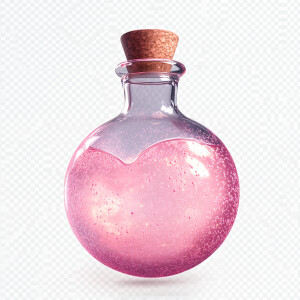 Create an image of a spherical, clear glass bottle containing a...