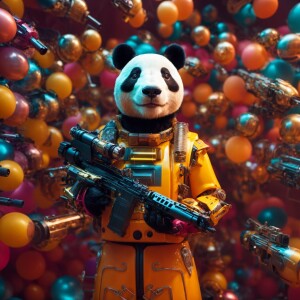 female robot panda bear with guns